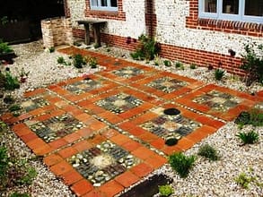 Patio of paments, floor bricks and cobbles reclaimed paving patio